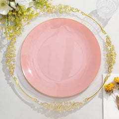 10-Pack Plastic 10" Round Dinner Plates in Dusty Rose with Gold Rim - Glossy Disposable Party Plates