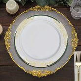 10-Pack Plastic 10" Round Dinner Plates in White with Hunter Emerald Green Rim for Events