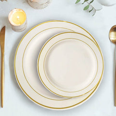 10-Pack Plastic Dessert Plates Ivory with Très Chic Gold Rim - Disposable Appetizer Plates for Parties 6"