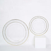 10-Pack Plastic 7.5" Round Appetizer Plates in Clear Hammered Design with Gold Rim - Disposable Salad Plates for Chic Banquets & Special Occasions
