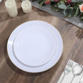10-Pack Plastic 8" Round Dessert Plates in White with Gold Rim - Glossy Disposable Appetizer Salad Plates for Banquets & Special Occasions