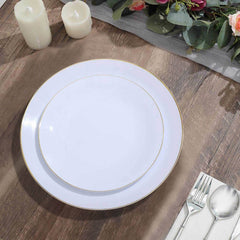 10-Pack Plastic 8" Round Dessert Plates in White with Gold Rim - Glossy Disposable Appetizer Salad Plates for Banquets & Special Occasions