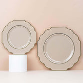 10-Pack Plastic Dessert Appetizer Plates in Taupe Baroque Design with Scalloped Gold Rim - Heavy Duty Disposable Salad Plates 8"