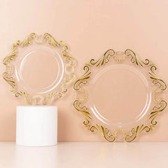 10-Pack Plastic 8" Round Dessert Plates in Clear with Gold Vintage Baroque Scalloped Rim - European Style Disposable Salad Appetizer Plates