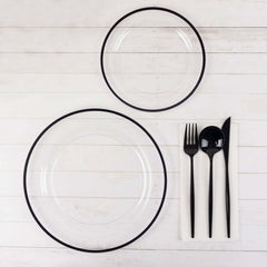 10-Pack Plastic 10" Round Dinner Plates in Clear with Black Rim - Disposable Party Plates for Classy Banquets & Special Occasions