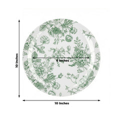 10-Pack French Toile Plastic Party Plates – Sage Green & White Floral, 10" Round Disposable Dinner Plates