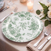 10-Pack French Toile Plastic Party Plates – Sage Green & White Floral, 10" Round Disposable Dinner Plates
