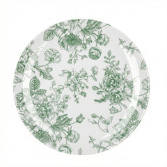 10-Pack French Toile Plastic Party Plates – Sage Green & White Floral, 10" Round Disposable Dinner Plates
