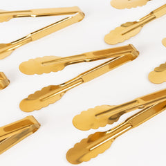 10-Pack Metal Serving Tongs Gold - Stainless Steel Food Safe Kitchen Tongs with Scalloped Gripping Edge for Indoor & Outdoor Gatherings 9.5"