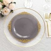 10-Pack Plastic 10" Round Dinner Plates in Transparent Black with Gold Leaf Embossed Rim - Disposable Vintage Baroque Style Plates