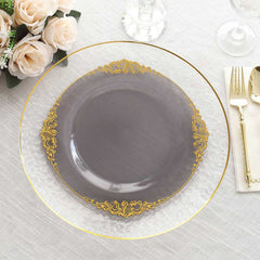 10-Pack Plastic 10" Round Dinner Plates in Transparent Black with Gold Leaf Embossed Rim - Disposable Vintage Baroque Style Plates