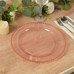 10-Pack Plastic 10" Round Dinner Plates in Transparent Blush with Beaded Rim - Disposable Party Plates for Banquets & Festive Occasions