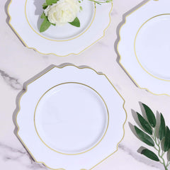 10-Pack Plastic Dessert Appetizer Plates in White Baroque Design with Scalloped Gold Rim - Heavy Duty Disposable Salad Plates for Formal Events & Banquets 8"