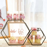 10"x17" 2-Tier Hexagon Floating Shelf, Dessert Display Stand With Black Double Geometric Design