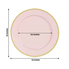 10-Pack Economy Plastic Round Charger Plates 12" in Blush with Wide Gold Rim, Decorative Dinner Party Serving Plates