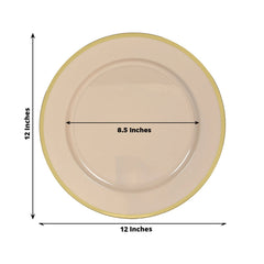 10 Pack Taupe Economy Plastic Charger Plates With Gold Rim, 12" Round Dinner Chargers Event Tabletop Decor
