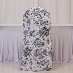 10 Pack Polyester Chair Covers for Banquet Chairs – White Black French Toile Pattern, Reusable Stain-Resistant Slip-On Slipcovers