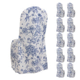 10 Pack Polyester Chair Covers for Banquet Chairs – White Blue French Toile Pattern, Reusable Stain-Resistant Slip-On Slipcovers