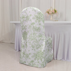 10 Pack Polyester Chair Covers for Banquet Chairs – White Dusty Sage Green French Toile Pattern, Reusable Stain-Resistant Slip-On Slipcovers