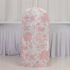 10 Pack Polyester Chair Covers for Banquet Chairs – White Pink French Toile Pattern, Reusable Stain-Resistant Slip-On Slipcovers