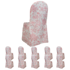 10 Pack Polyester Chair Covers for Banquet Chairs – White Pink French Toile Pattern, Reusable Stain-Resistant Slip-On Slipcovers