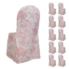 10 Pack Polyester Chair Covers for Banquet Chairs – White Pink French Toile Pattern, Reusable Stain-Resistant Slip-On Slipcovers