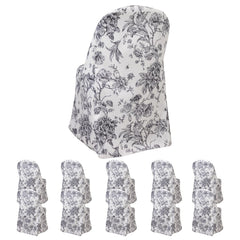 10 Pack Polyester Chair Covers for Folding Chairs – White Black French Toile Pattern, Reusable Stain-Resistant Slip-On Slipcovers