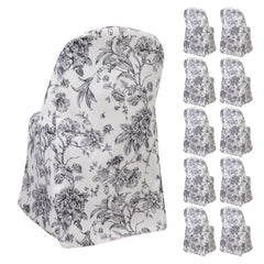 10 Pack Polyester Chair Covers for Folding Chairs – White Black French Toile Pattern, Reusable Stain-Resistant Slip-On Slipcovers
