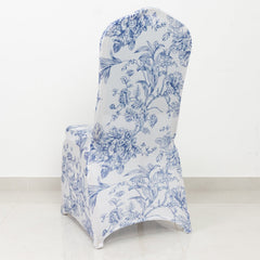 10 Pack Spandex Chair Covers for Banquet Chairs – White Blue French Toile Reusable Stretch Slip-On Floral Covers