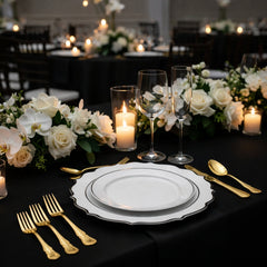 10-Pack Economy Plastic Round Charger Plates 13" in White with Black Scalloped Rim, Decorative Dinner Party Serving Plates