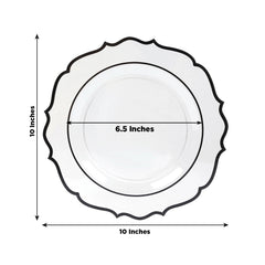 10-Pack Plastic 10" Round Dinner Plates in Clear with Black Scalloped Rim - Disposable Party Plates