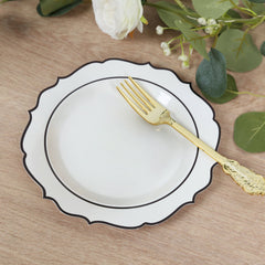 10-Pack Plastic 8" Round Dessert Plates in White with Black Scalloped Rim - Disposable Appetizer/Salad Plates