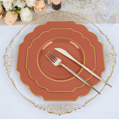 10-Pack Plastic Dinner Plates in Terracotta (Rust) Baroque Design with Scalloped Gold Rim - Heavy Duty Disposable Party Plates 11"