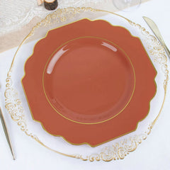 10-Pack Plastic Dinner Plates in Terracotta (Rust) Baroque Design with Scalloped Gold Rim - Heavy Duty Disposable Party Plates 11"