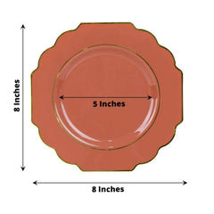 10-Pack Plastic Dessert Appetizer Plates in Terracotta (Rust) Baroque Design with Scalloped Gold Rim - Heavy Duty Disposable Salad Plates 8"
