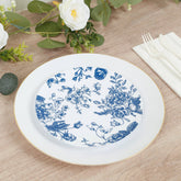 10-Pack French Toile Plastic Salad Plates – Blue & White Floral, 7" Round Disposable Dessert Plates