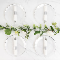 10-Pack Plastic 10" Round Dinner Plates in Pearl White Sunflower with Silver Scalloped Rim - Disposable Party Plates for Classy Events & Banquets