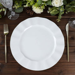 10-Pack Plastic 11" Round Dinner Plates in White Ruffled Rim with Gold Edging - Sturdy Disposable Dinnerware for Classy Events & Banquets