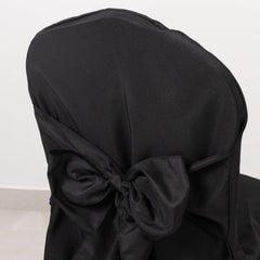 10-Pack Polyester Slip-On Banquet Chair Covers with Attached Sashes – Black Reusable Stain-Resistant Covers for Wedding & Event Decor