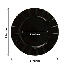 10-Pack Plastic 9" Round Dinner Plates in Black Ruffled Rim with Gold Edging - Sturdy Disposable Dinnerware