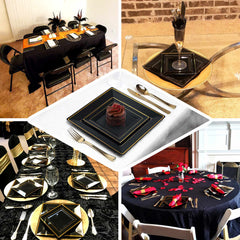10-Pack Plastic Dinner Plates Black Square with Gold Trim - Lightweight Disposable Plates for Events 10"