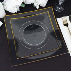 10-Pack Plastic 10" Square Dinner Plates in Clear Concave Style with Gold Rim - Modern Disposable Party Plates