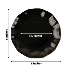 10-Pack Plastic Round 6" Dessert Plates in Black Ruffled Rim with Gold Edging - Sturdy Disposable Salad Appetizer Dinnerware