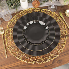 10-Pack Plastic Round 6" Dessert Plates in Black Ruffled Rim with Gold Edging - Sturdy Disposable Salad Appetizer Dinnerware