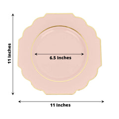 10-Pack Plastic Dinner Plates in Blush Baroque Design with Scalloped Gold Rim - Heavy Duty Disposable Party Plates 11"