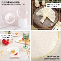 10-Pack Plastic 9" Round Dinner Plates in Transparent Dusty Blue Hammered Design with Gold Rim - Modern Disposable Party Plates
