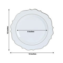 10-Pack Economy Plastic Round Charger Plates 13" in White with Silver Scalloped Rim, Decorative Dinner Party Serving Plates