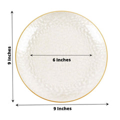 10-Pack Plastic 9" Round Dinner Plates in Clear Gold Glittered Hammered Design with Gold Rim - Modern Disposable Party Plates