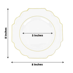 10-Pack Plastic Dessert Appetizer Plates in Clear Baroque Design with Scalloped Gold Rim - Heavy Duty Disposable Salad Plates 8"