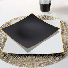 10-Pack Plastic 8" Square Dessert Plates in Black Concave Style with Gold Rim - Modern Disposable Salad Appetizer Party Plates